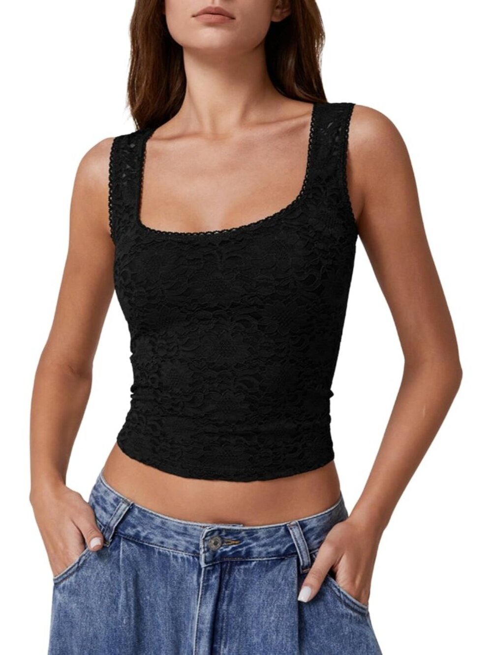 Women's Black Sleeveless Lace Trim Square Neck Double Layer Tank Tops - Picture 1 of 6